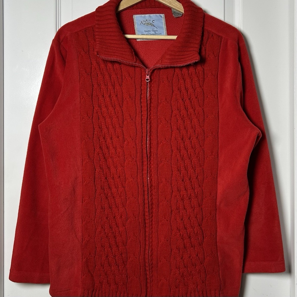 Jenny C Red Cable Knit Fleece Mixed Media Full Zip Sweater Jacket Gorpcore Style